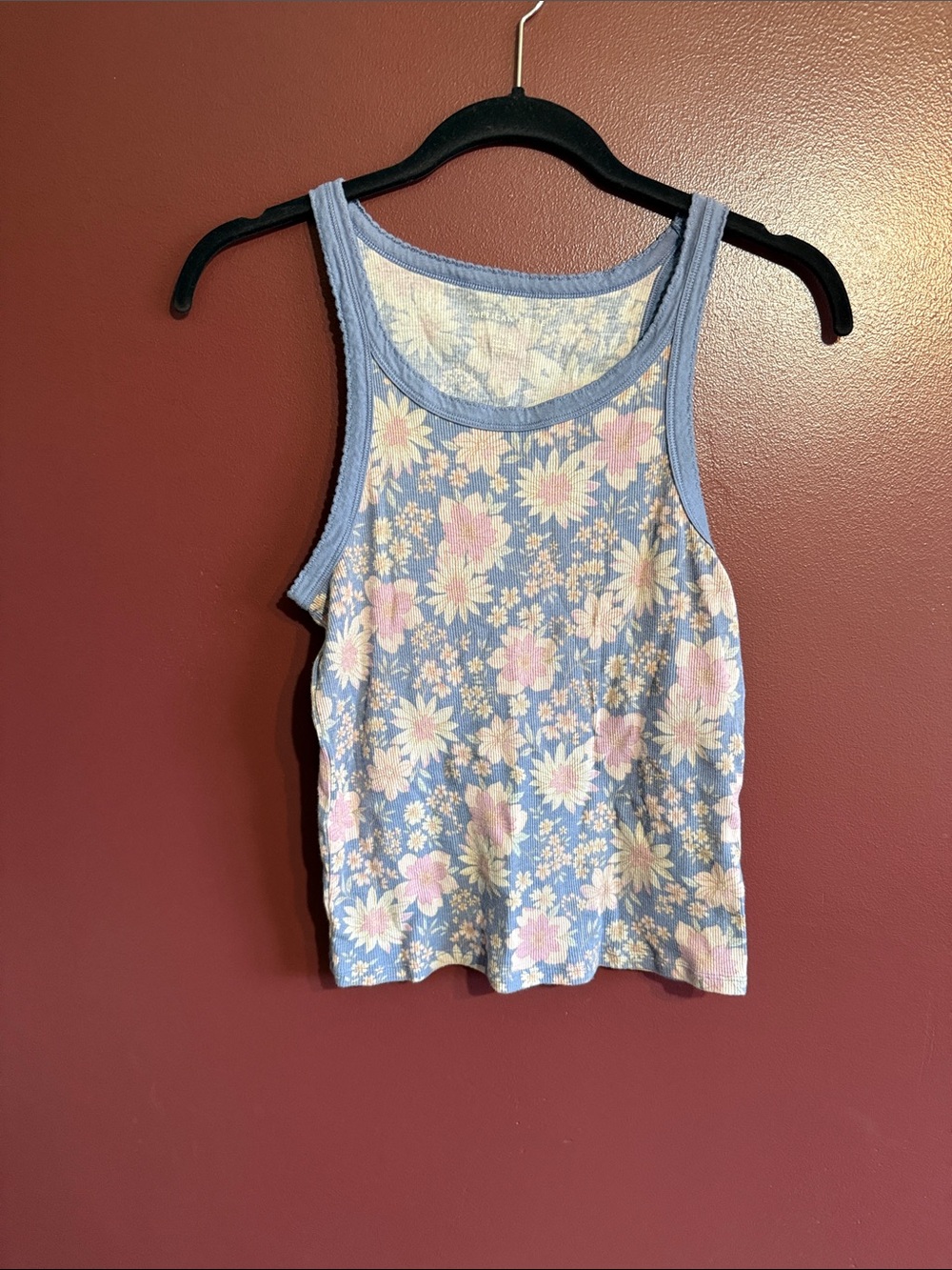 American Eagle Outfitters Light Blue Floral Ribbed Tank